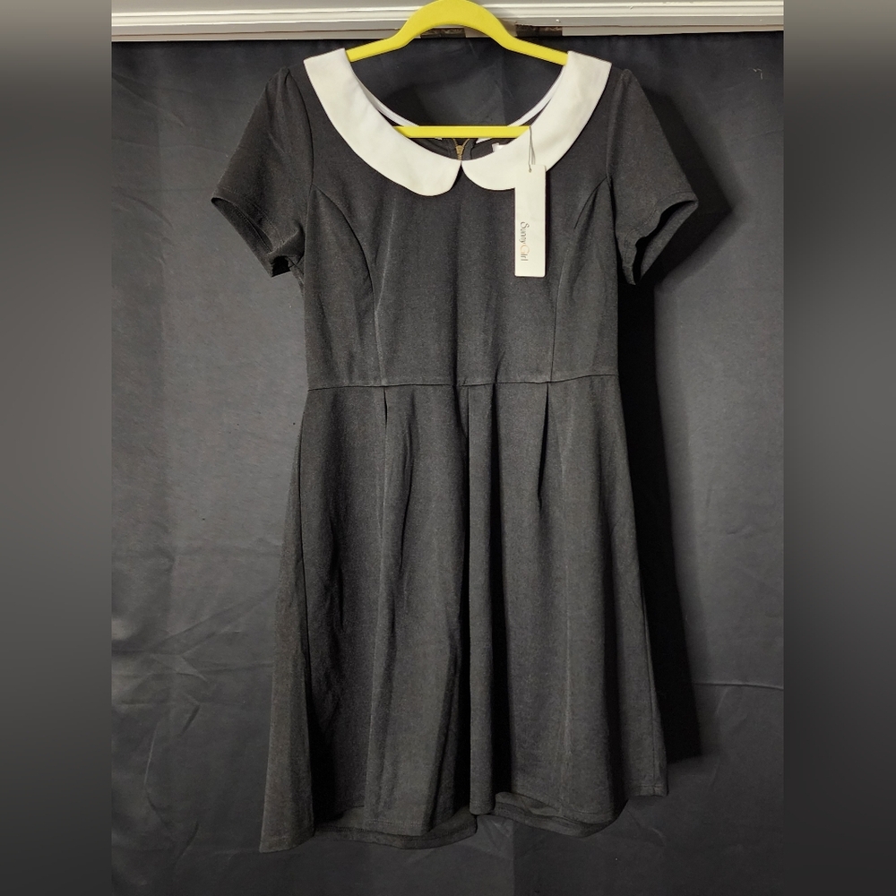 Classic Wednesday Addams style Black Dress with White Collar and Back Zipper
